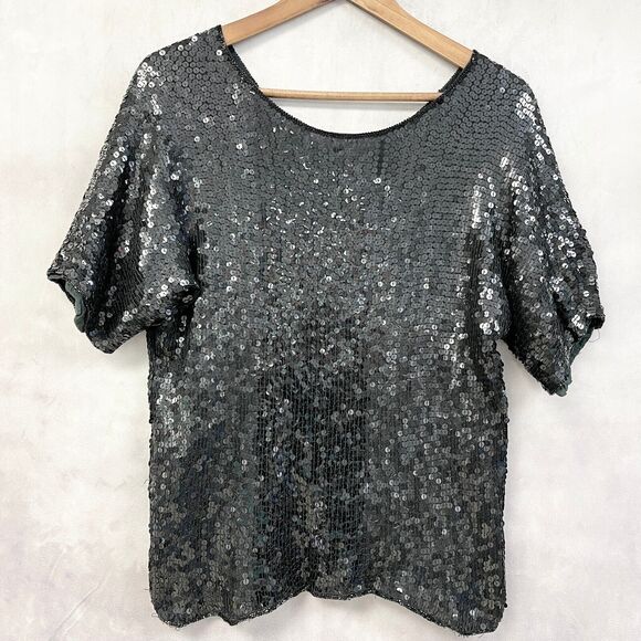 VTG Royal Feelings Sequin Silk Top Blouse Womens XLarge Glam Disco Party Holiday - Picture 1 of 7